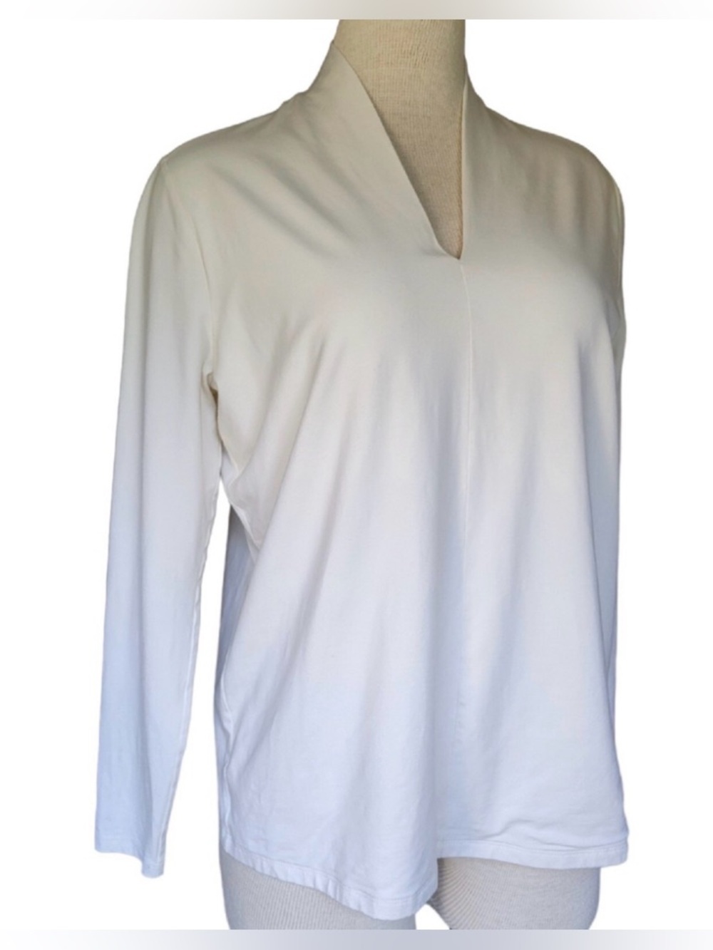 Talbots White Long Sleeve Blouse Minimalist V Neck Soft Stretch Top